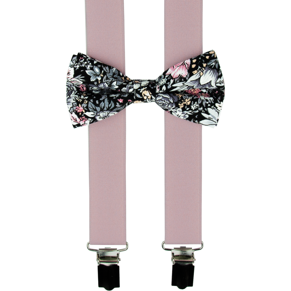 Starorůžové dětské kšandy s bavlněným květovaným motýlkem