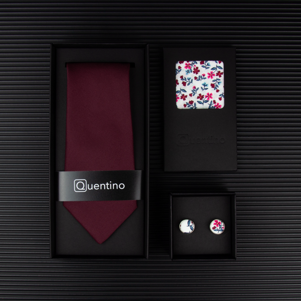 Vínově červený pánský set – kravata, kapesníček a manžetové knoflíčky