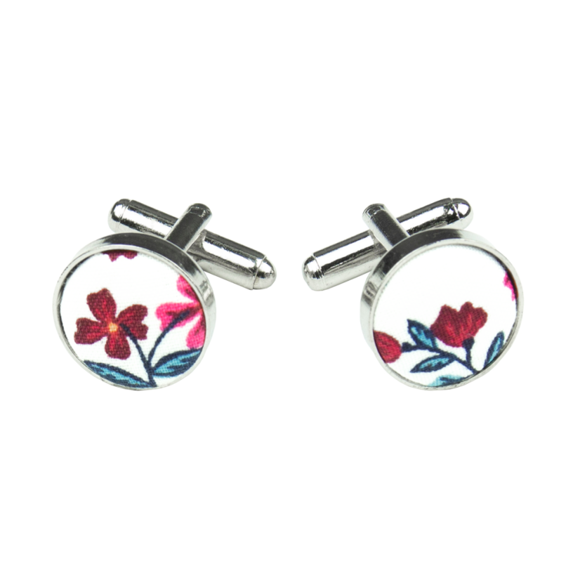 Bílé manžetové knoflíčky s vínově růžovými kvítky