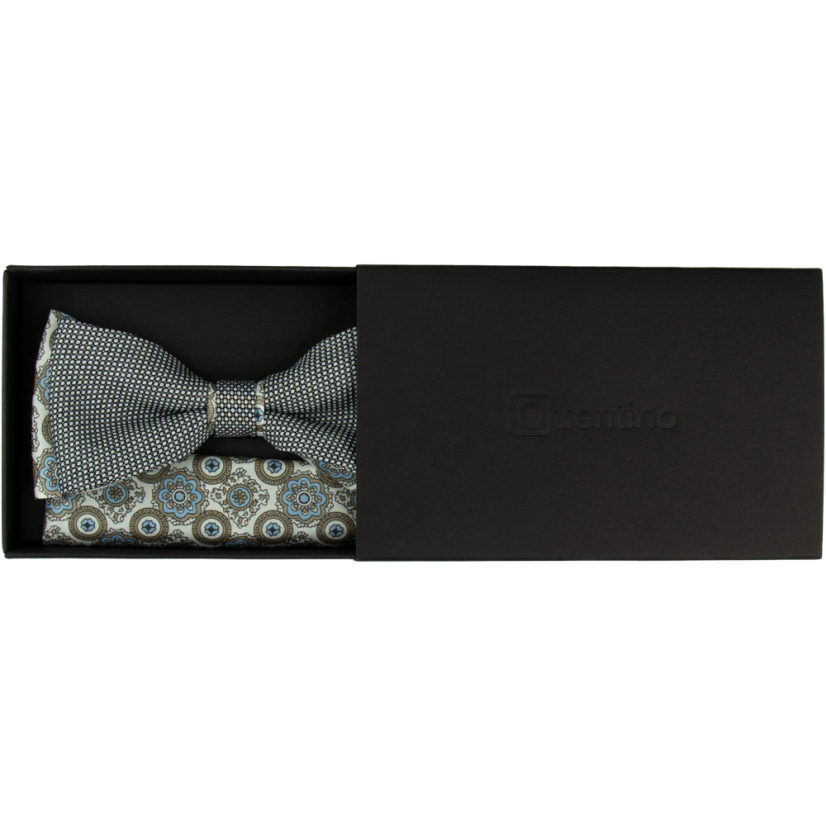 Black Beige Men's Bow Tie with Blue Details and Ornamental Pattern
