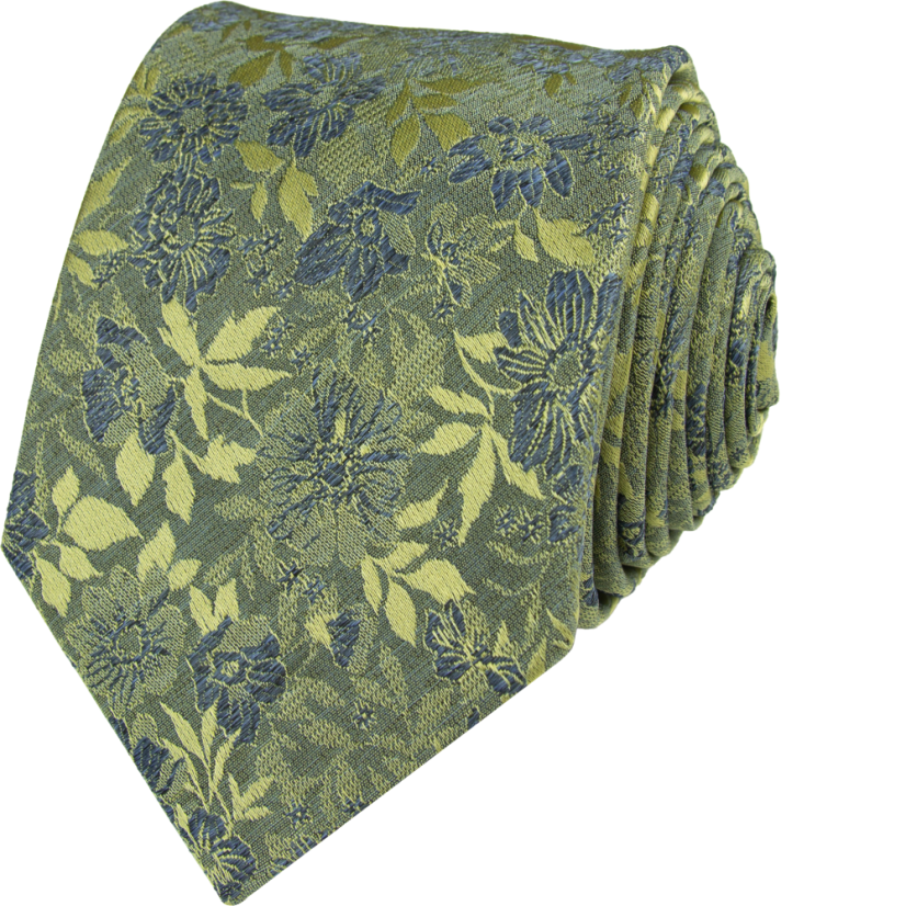 Olive Green Men's Necktie with Blue Floral Pattern Olive Green Men's Necktie with Blue Floral Pattern