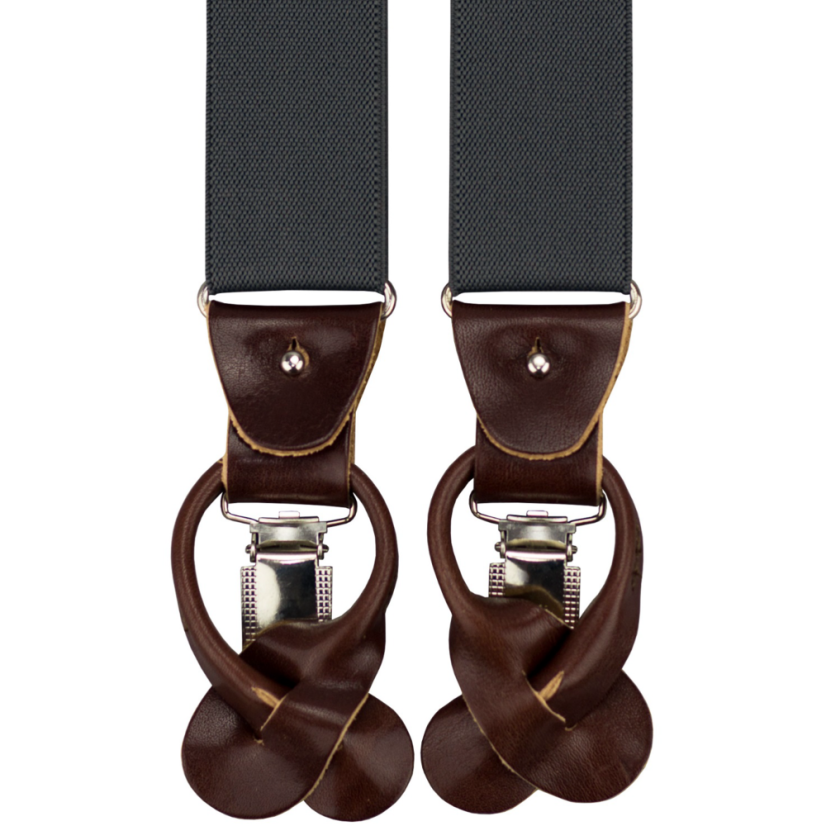 Tmavě šedé pánské široké kšandy s klipy a poutky