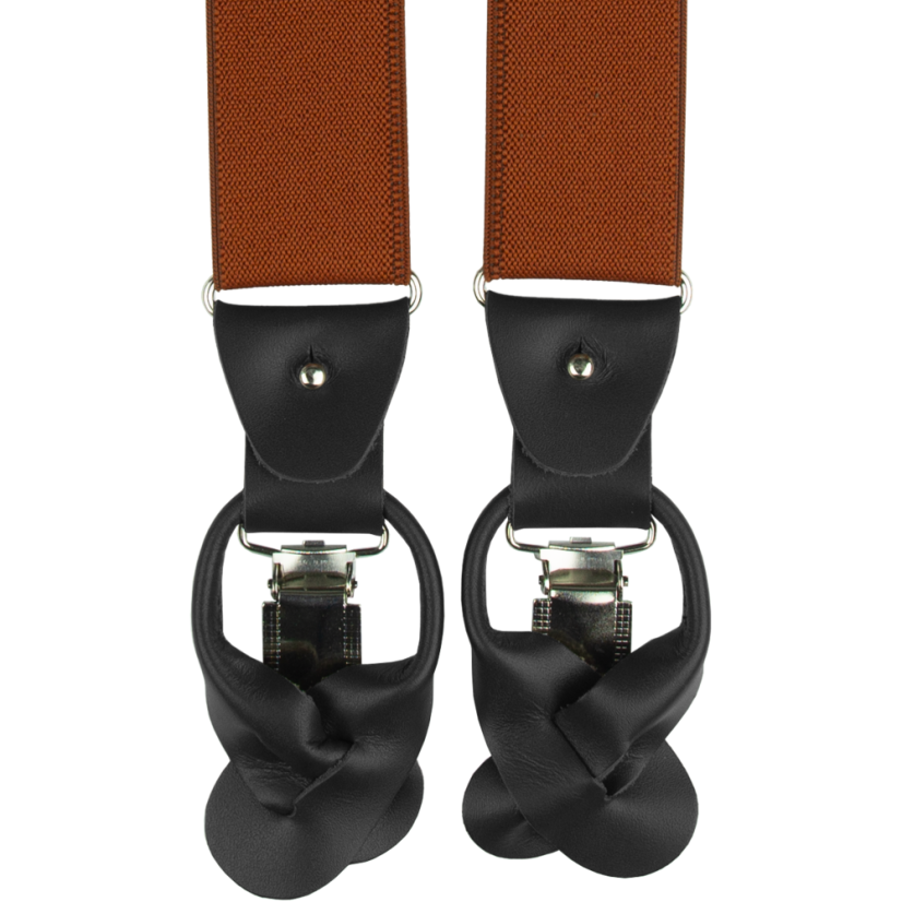 Cihlové pánské široké kšandy s klipy a poutky z černé kůže