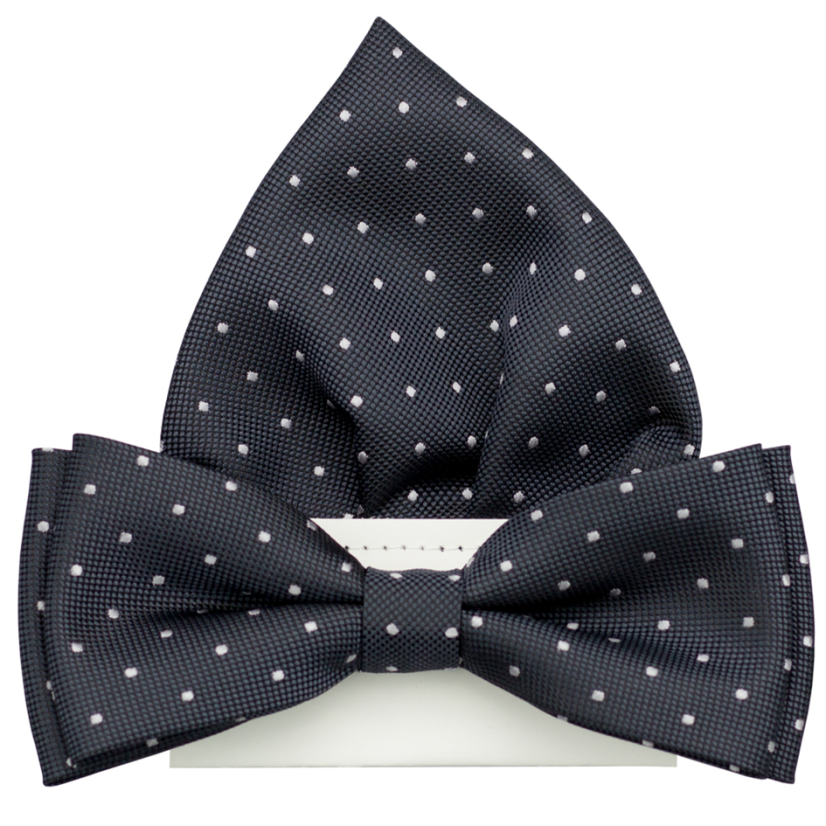 Tmavě šedý pánský motýlek s puntíky včetně kapesníčku