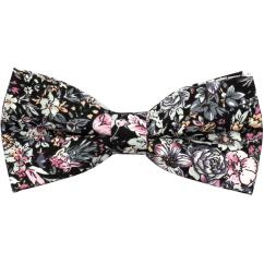 Černý pánský bavlněný motýlek s šedo růžovými květy