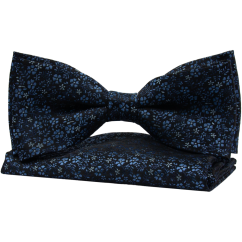 Čierny pánsky motýlik s modrými kvetinkami vrátane vreckovky