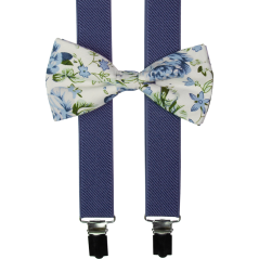 Modré denim pánské kšandy s bavlněným květovaným motýlkem