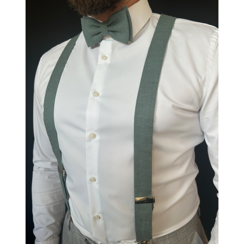 Lněné šalvějově zelené kšandy s motýlkem včetně kapesníčku