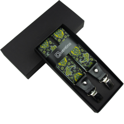 Black Men's Wide Suspenders with Paisley Pattern and Genuine Black Leather