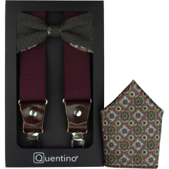 Bordó pánský set s hnědým vzorem – kšandy, motýlek a kapesníček