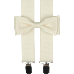 Cream (ecru) men's accessory set with ornamental pattern - suspenders, bow tie and pocket square