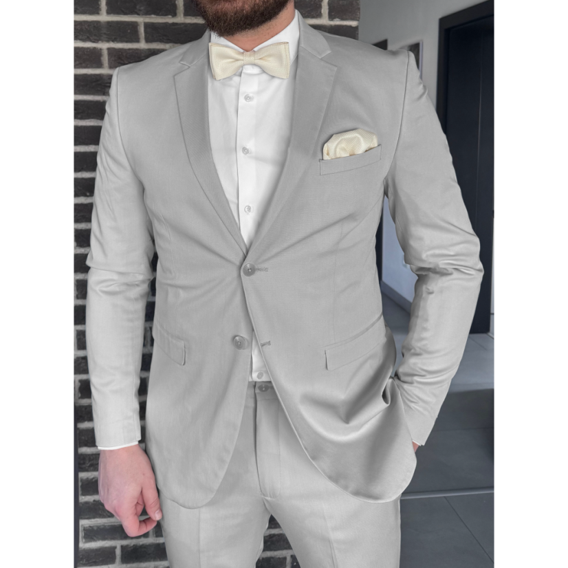 Smetanový (ecru) pánský set s jemnou strukturou - kšandy,  motýlek a kapesníček