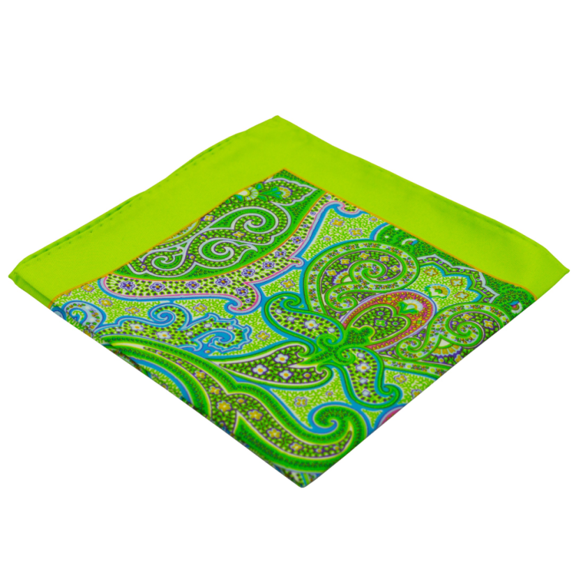 Zelený pánský kapesníček s limetkovým lemem a paisley vzorem