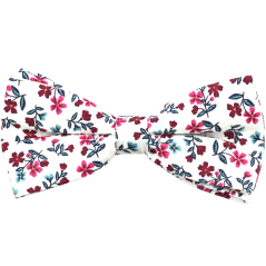 Bílý pánský bavlněný motýlek s vínově růžovými kvítky