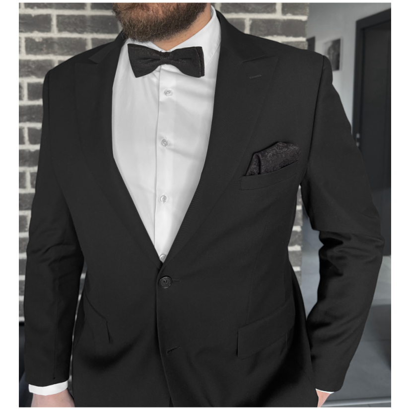 Černý pánský set s černým vzorem – kšandy, motýlek a kapesníček