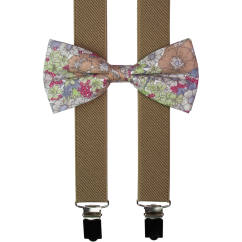 Light Brown Men's Suspenders with Cotton Floral Bow Tie