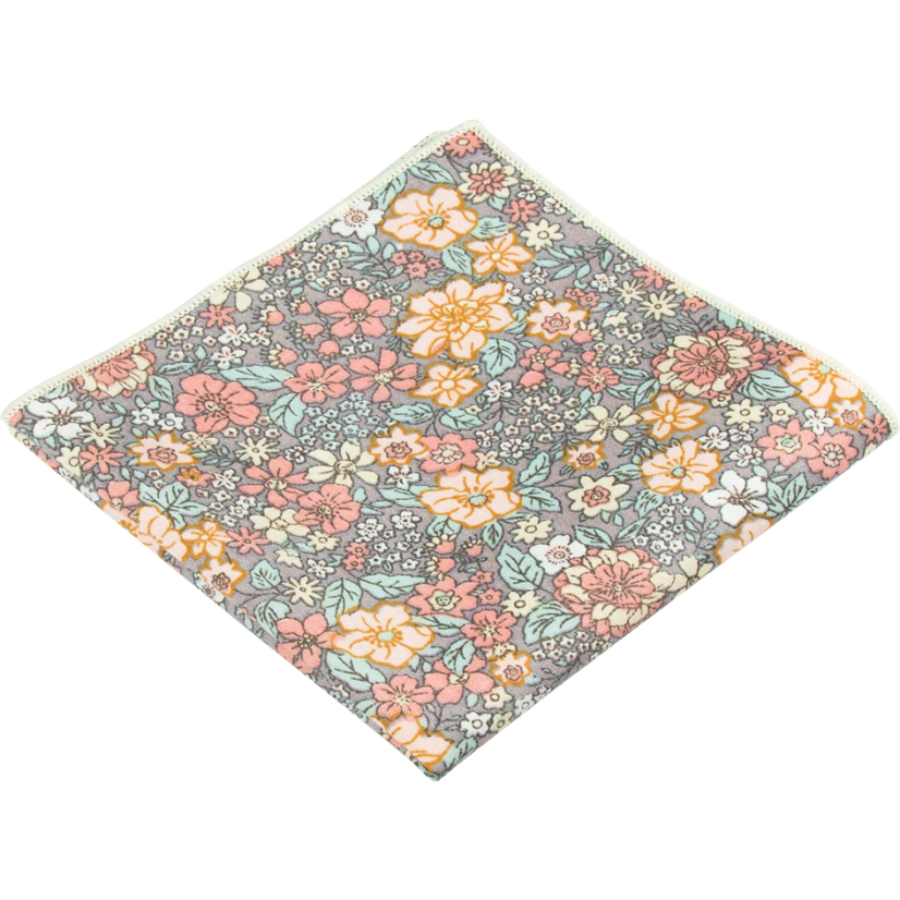 Grey Blue Men's Pocket Square with Colourful Flowers