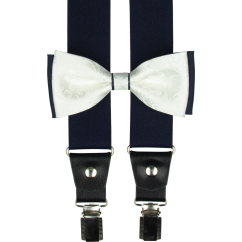 Tmavě modrý pánský set s tlumeně bílým ornamentem – kšandy, motýlek a kapesníček