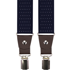 Tmavě modré pánské široké kšandy s puntíky a tmavě hnědou pravou kůží