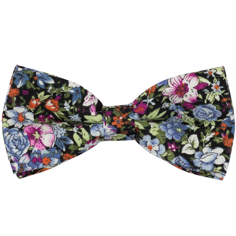 Černý pánský bavlněný motýlek s modro fialovými květy