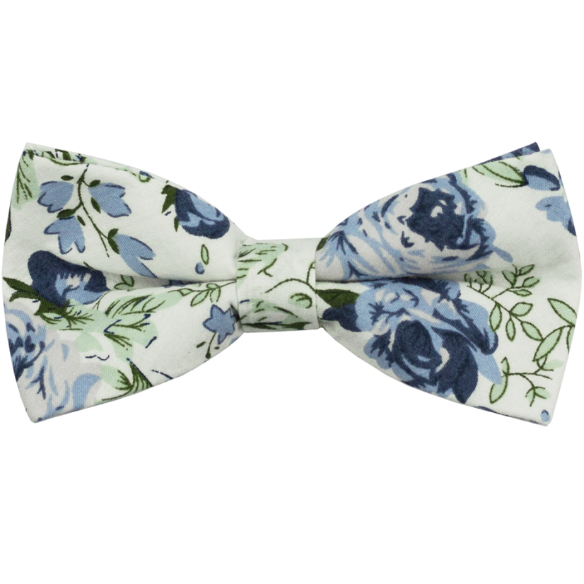 Bílý pánský bavlněný motýlek s modrými květy