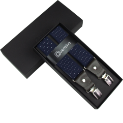 Tmavě modré pánské široké kšandy s puntíky a tmavě hnědou pravou kůží