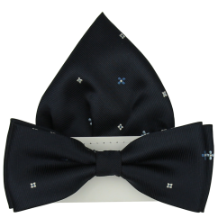 Dark Navy Men's Bow Tie with Floral Pattern Including Pocket Square