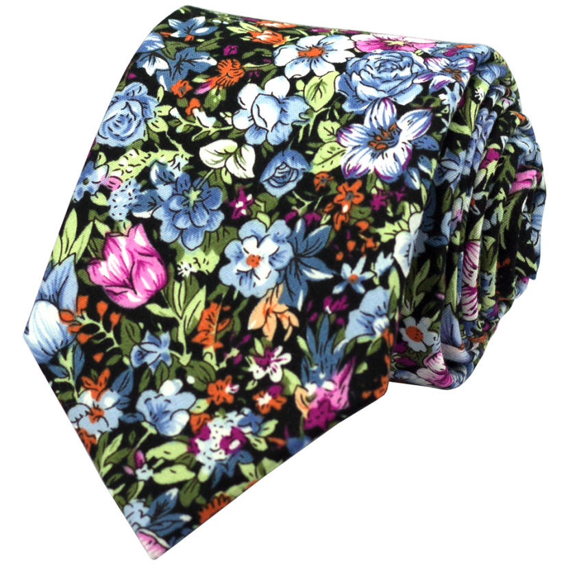 Černá pánská bavlněná kravata s modro fialovými květy