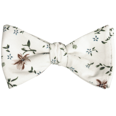 Smetanový bavlněný vázací motýlek s modro hnědými květy