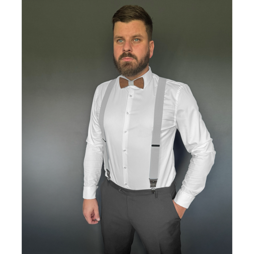 Světle šedé pánské široké kšandy s tmavě hnědou pravou kůží