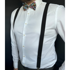 Black Men's Suspenders with Cotton Floral Bow Tie