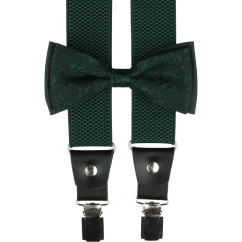 Smaragdově zelený pánský set s černým vzorem - kšandy, motýlek a kapesníček