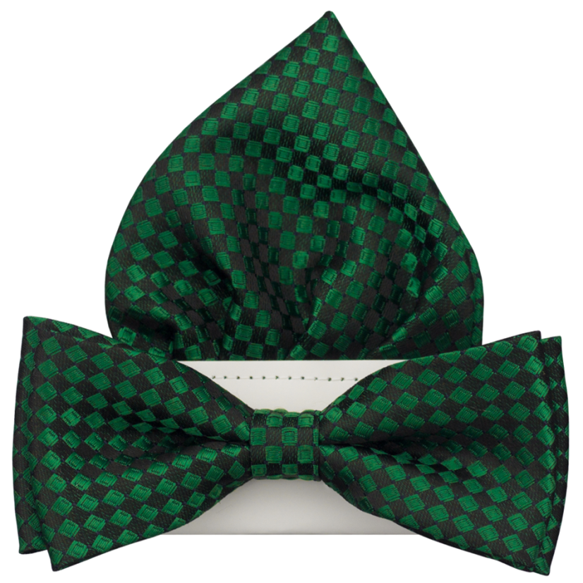 Tmavě zelený pánský motýlek se čtverečky včetně kapesníčku