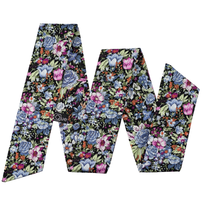 Černá dámská stuha s modro fialovými květy