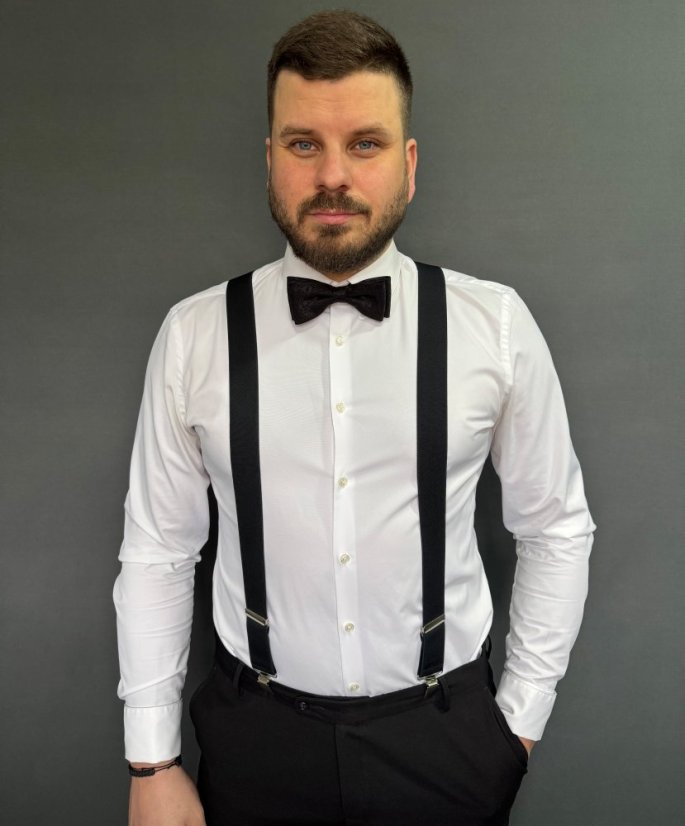 Černý pánský motýlek s černým vzorem včetně kapesníčku