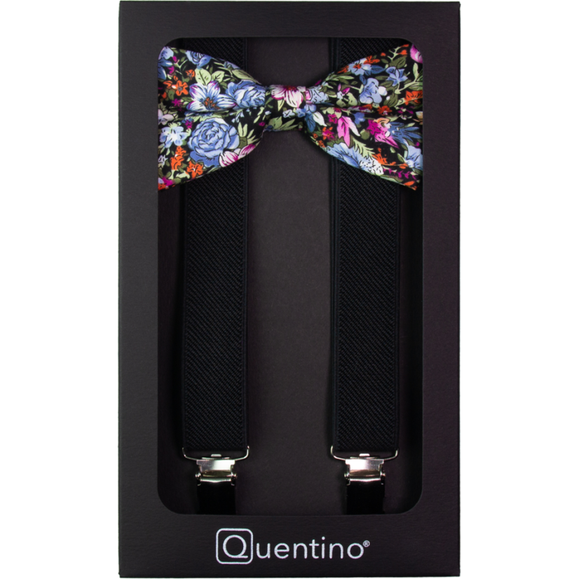 Černé pánské kšandy s bavlněným květovaným motýlkem