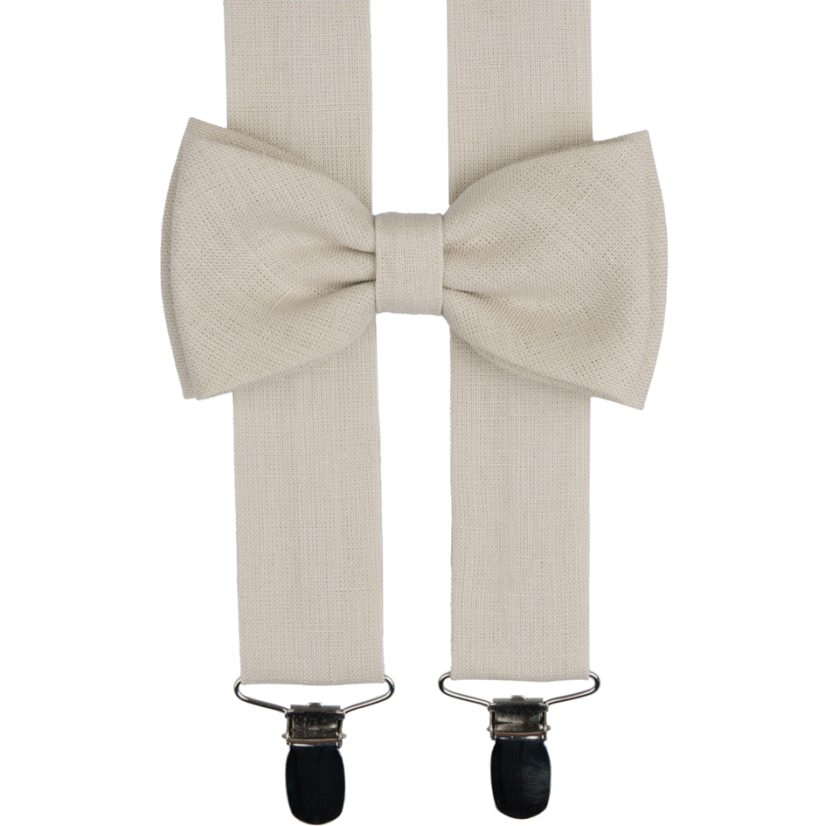 Lněné béžové kšandy s motýlkem včetně kapesníčku