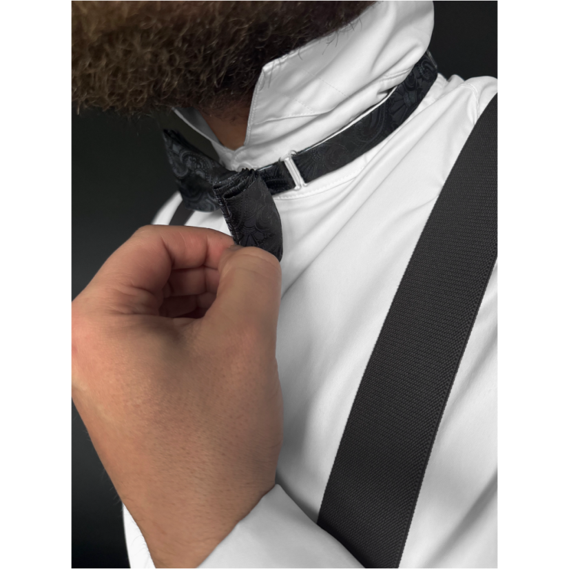 Tmavě šedý pánský set s paisley vzorem – kšandy, motýlek a kapesníček