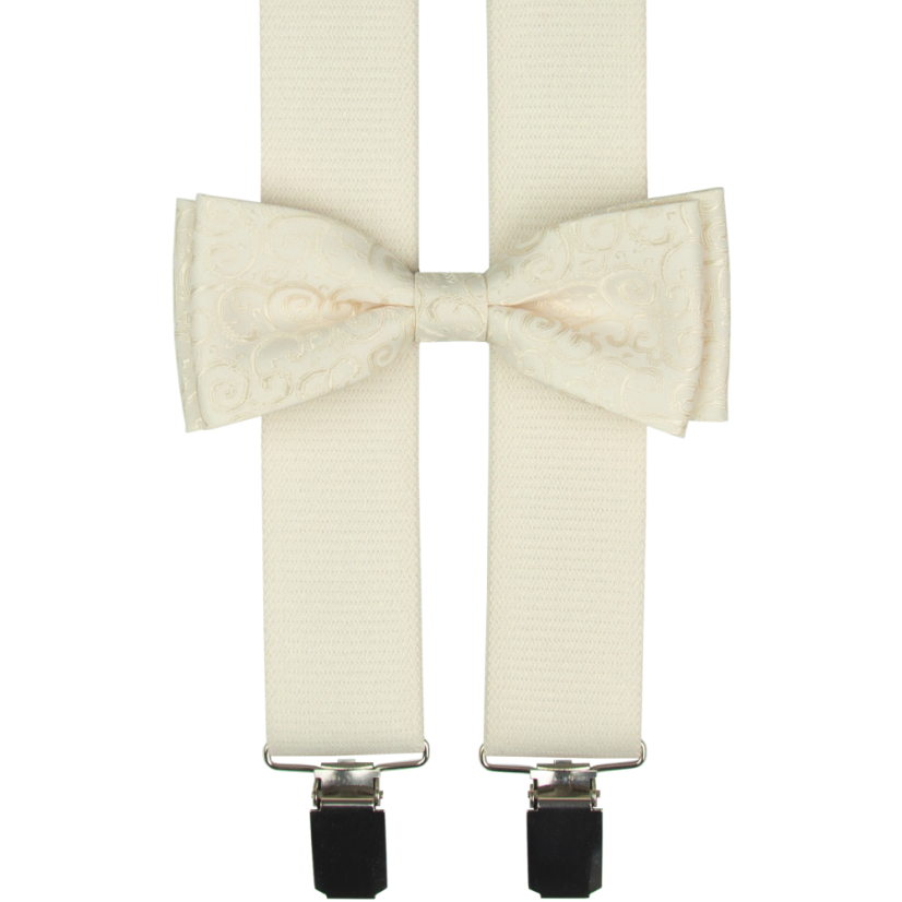 Cream (ecru) men's accessory set with ornamental pattern - suspenders, bow tie and pocket square