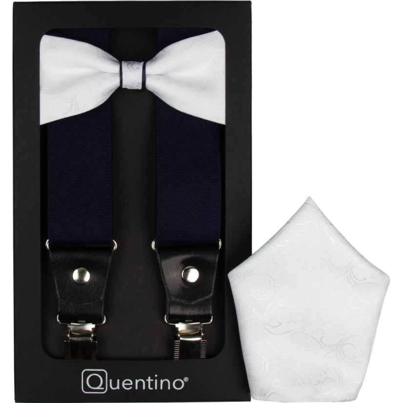 Tmavě modrý pánský set s bílým ornamentem – kšandy, motýlek a kapesníček