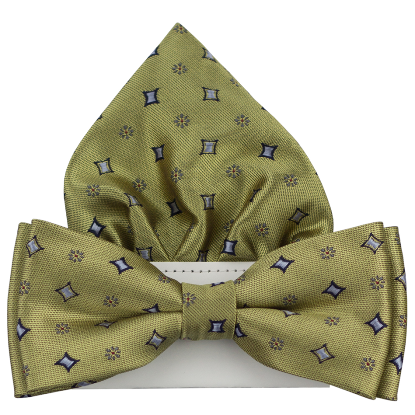 Gold Men's Bow Tie with Squares Including Pocket Square