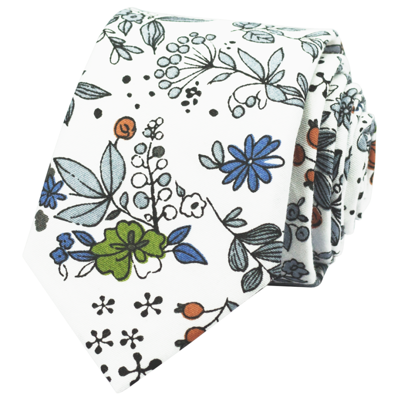 Bílá pánská bavlněná kravata s šedo zelenými lístky