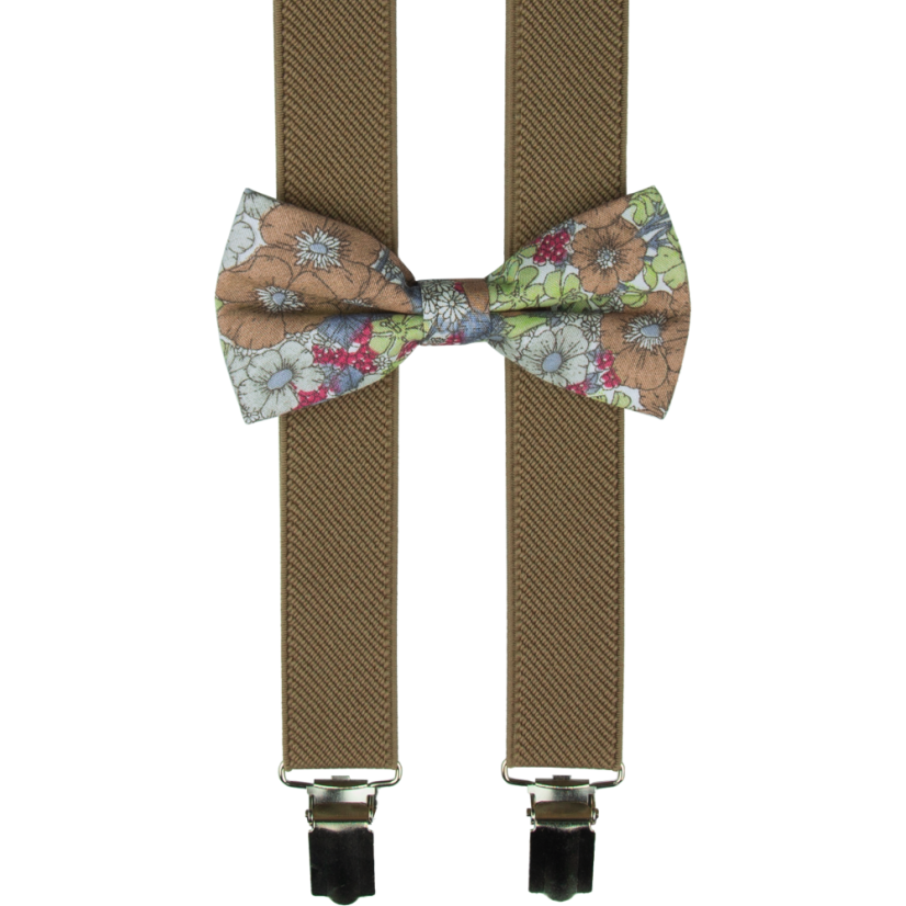 Světle hnědé dětské kšandy s bavlněným květovaným motýlkem Světle hnědé dětské kšandy s bavlněným květovaným motýlkem