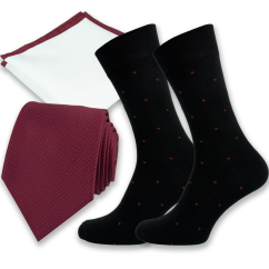 Burgundy Men's Accessory Set with Polka Dot Necktie – Necktie, Pocket Square and Socks