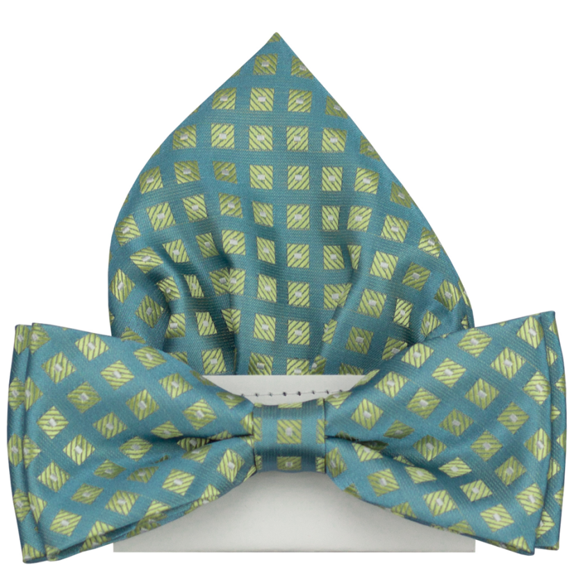 Světle petrolejový pánský motýlek se čtverečky včetně kapesníčku