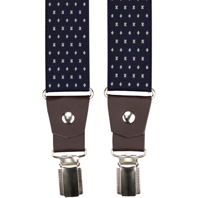 Tmavě modré pánské široké kšandy s křížky a pravou tmavě hnědou kůží