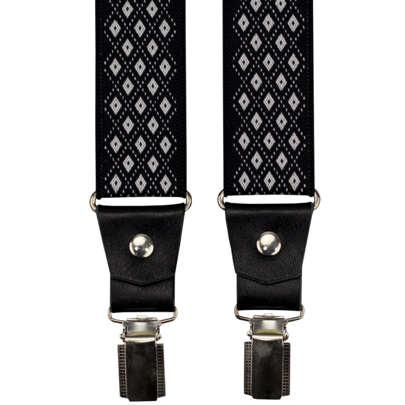 Černé pánské široké kšandy se čtverečky a pravou černou kůží