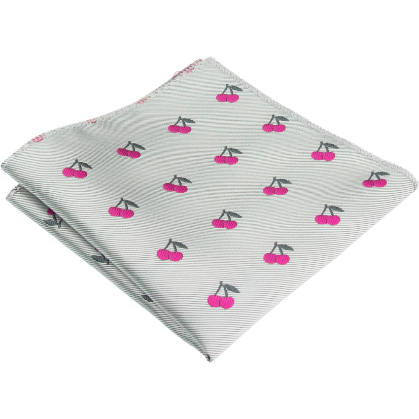 Světle šedý pánský kapesníček s růžovým motivem třešní