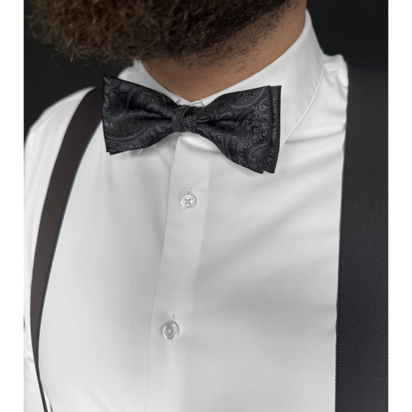 Tmavě šedý pánský set s paisley vzorem – kšandy, motýlek a kapesníček