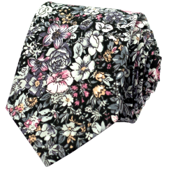Černá pánská bavlněná kravata s šedo růžovými květy
